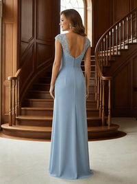 Chiffon Applique V Neck Long Mother of the Bride Dresses with Slit