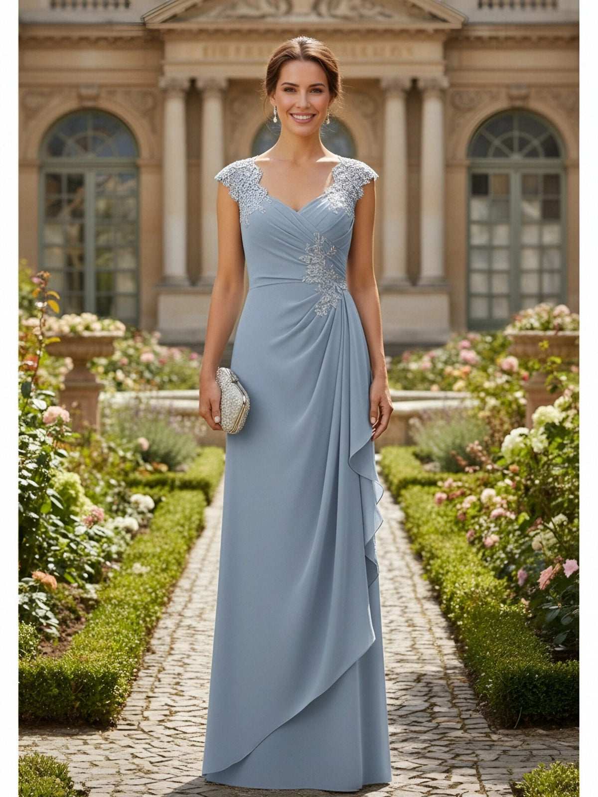 Applique Chiffon V Neck Long Mother of the Bride Dresses with Ruffles