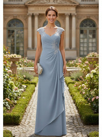 Applique Chiffon V Neck Long Mother of the Bride Dresses with Ruffles
