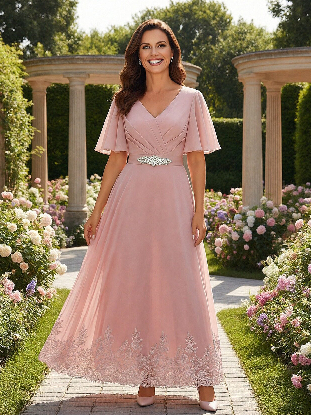 V Neck Chiffon Short Sleeves Mother of the Bride Dresses with Lace Applique