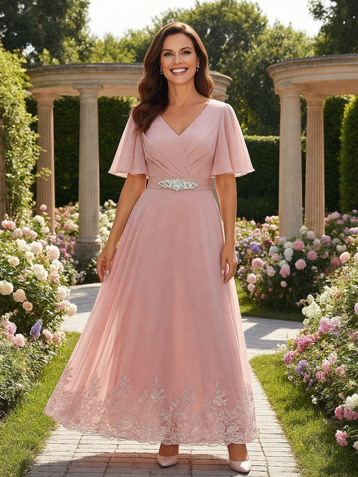 V Neck Chiffon Short Sleeves Mother of the Bride Dresses with Lace Applique