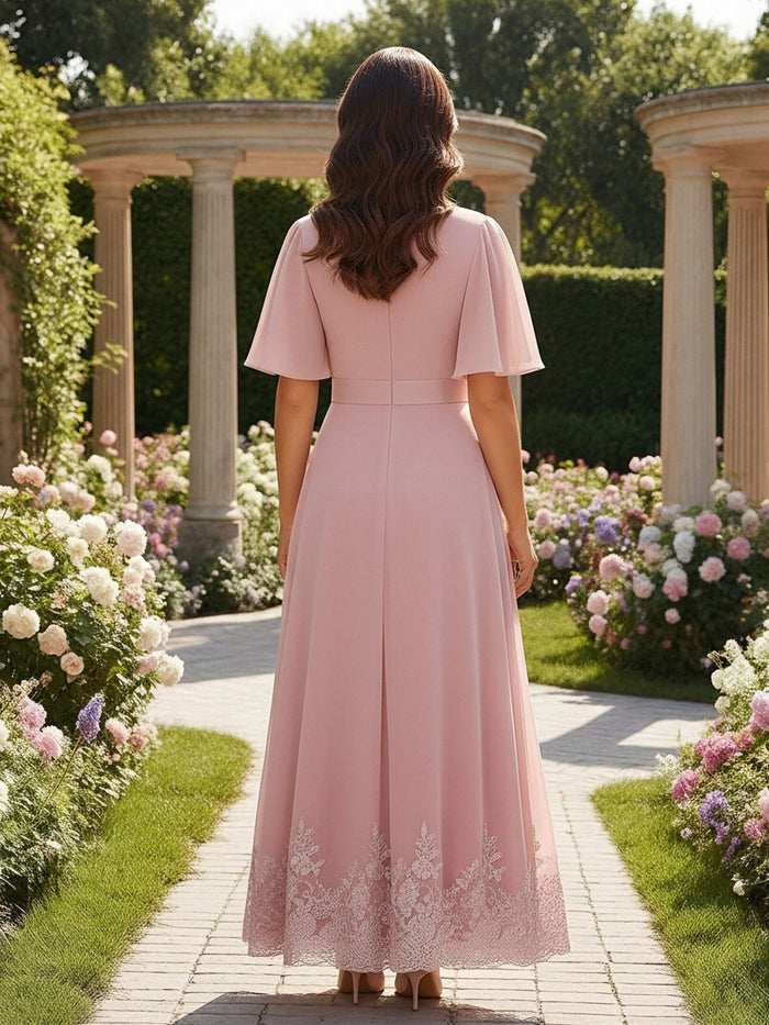 V Neck Chiffon Short Sleeves Mother of the Bride Dresses with Lace Applique