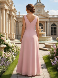 V Neck Chiffon Sleeveless Long Mother of the Bride Dresses with Beaded
