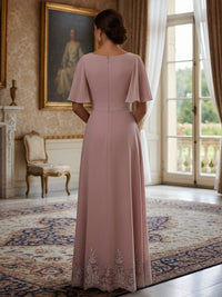 Crew Neck Chiffon Short Sleeves Mother of the Bride Dresses with Applique