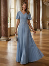 V Neck Chiffon Short Sleeves Long Mother of the Bride Dresses with Floral