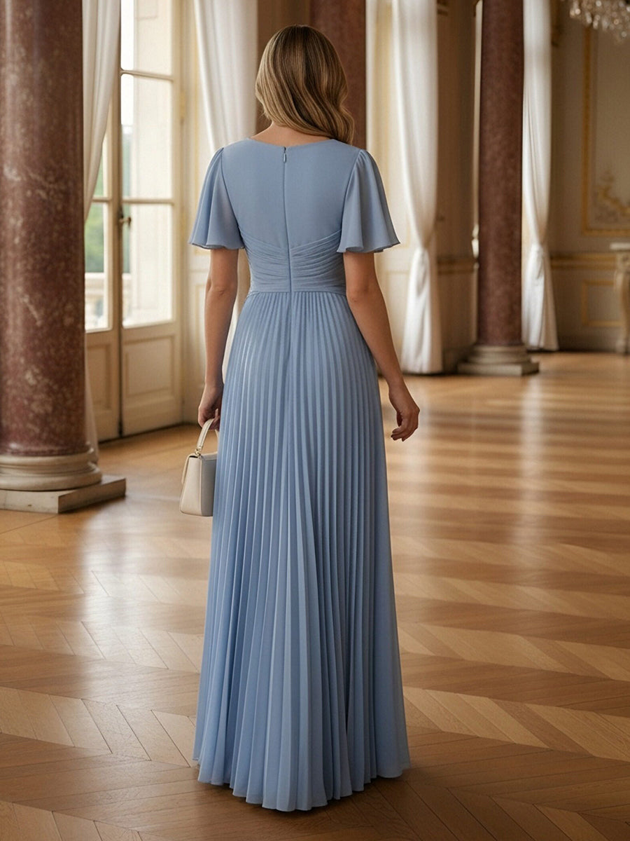 V Neck Chiffon Short Sleeves Long Mother of the Bride Dresses with Floral