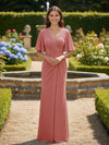 Short Sleeves V Neck Chiffon Bridesmaid Dresses with Pleated