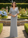 Short Sleeves V Neck Chiffon Bridesmaid Dresses with Pleated