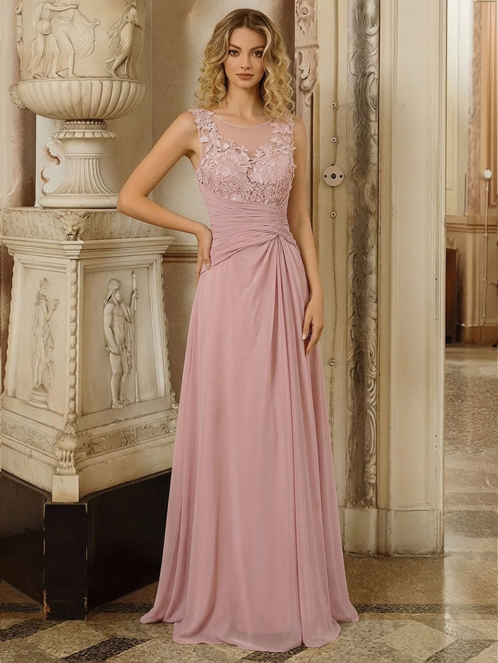 A Line Lace Applique Pleated Long Mother of the Bride Dresses