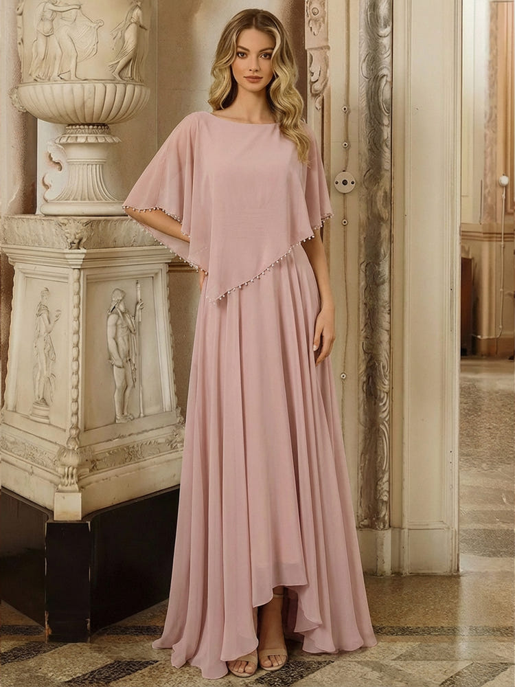 Chiffon Crew Neck Beaded Mother of the Bride Dresses with Caps