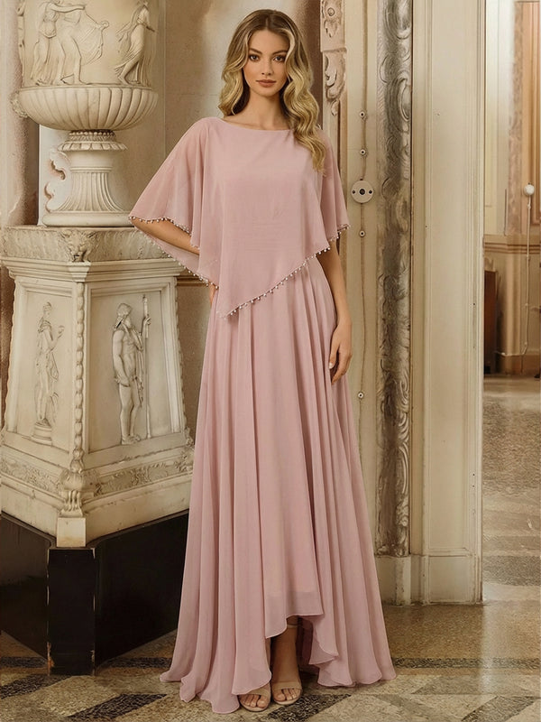 Chiffon Crew Neck Beaded Mother of the Bride Dresses with Caps
