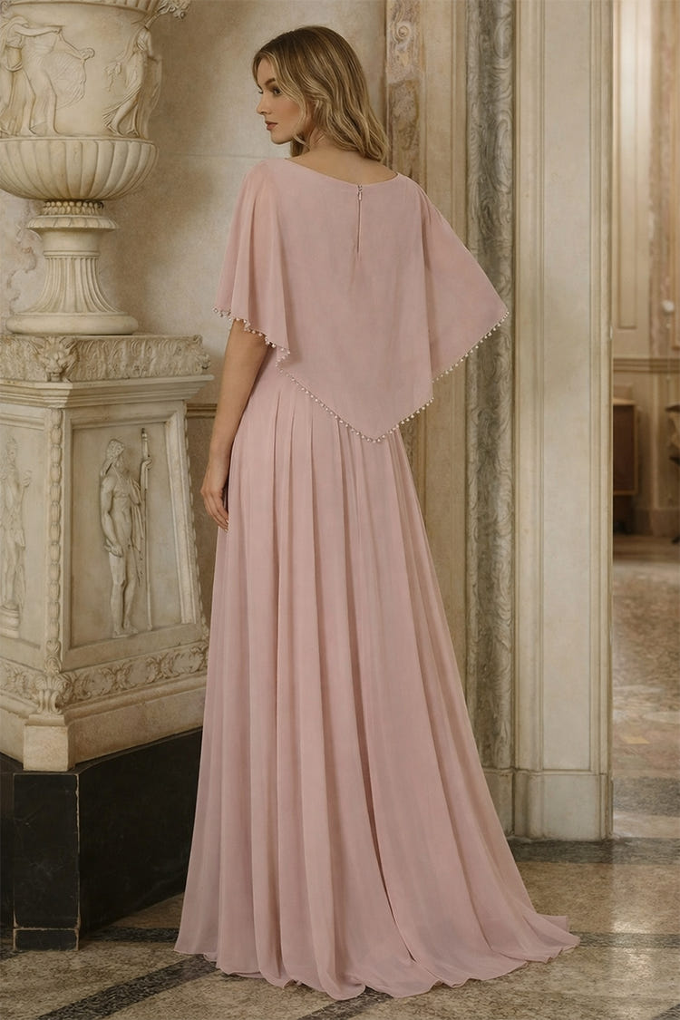 Chiffon Crew Neck Beaded Mother of the Bride Dresses with Caps