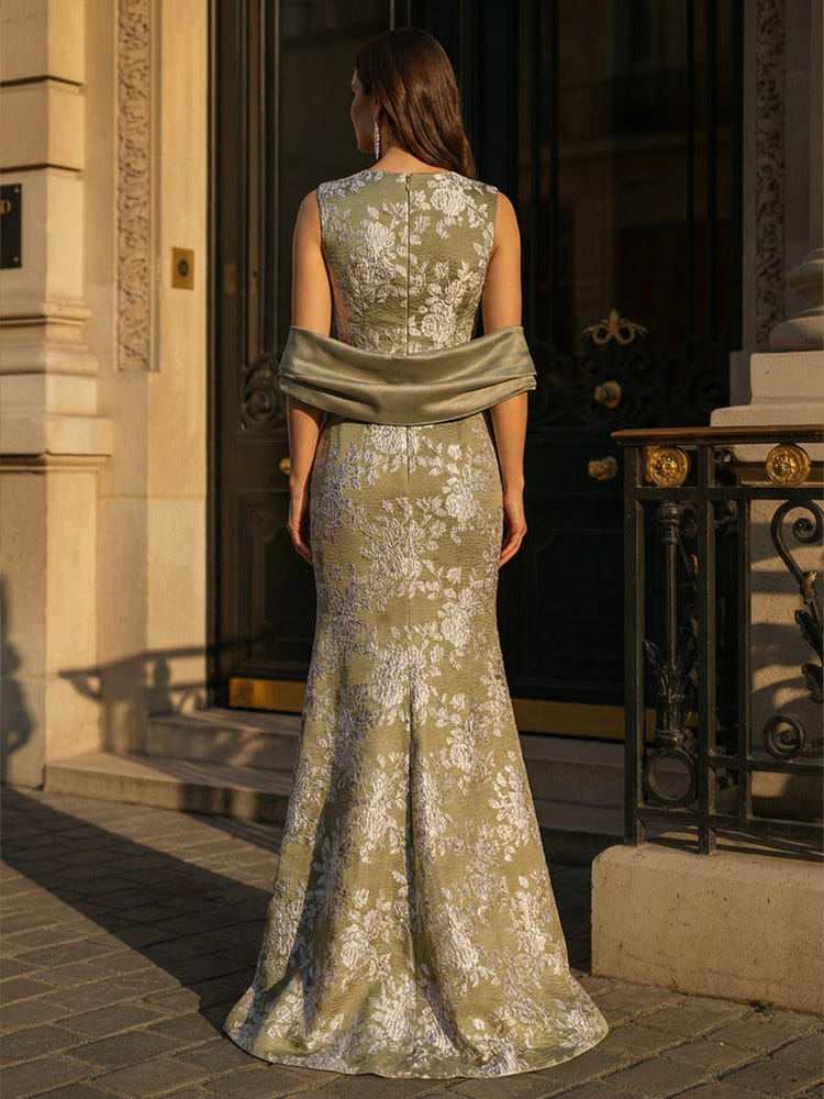 Boat Neck Jacquard Mother of the Bride Dresses with Shawl