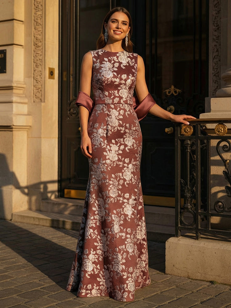 Boat Neck Jacquard Mother of the Bride Dresses with Shawl