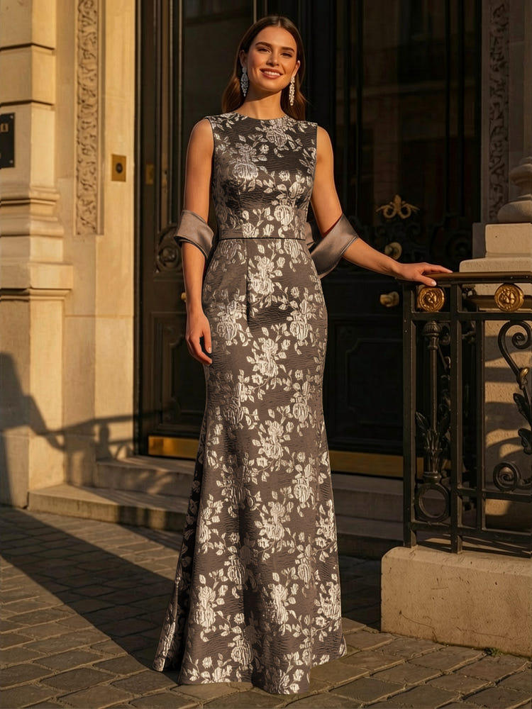 Boat Neck Jacquard Mother of the Bride Dresses with Shawl