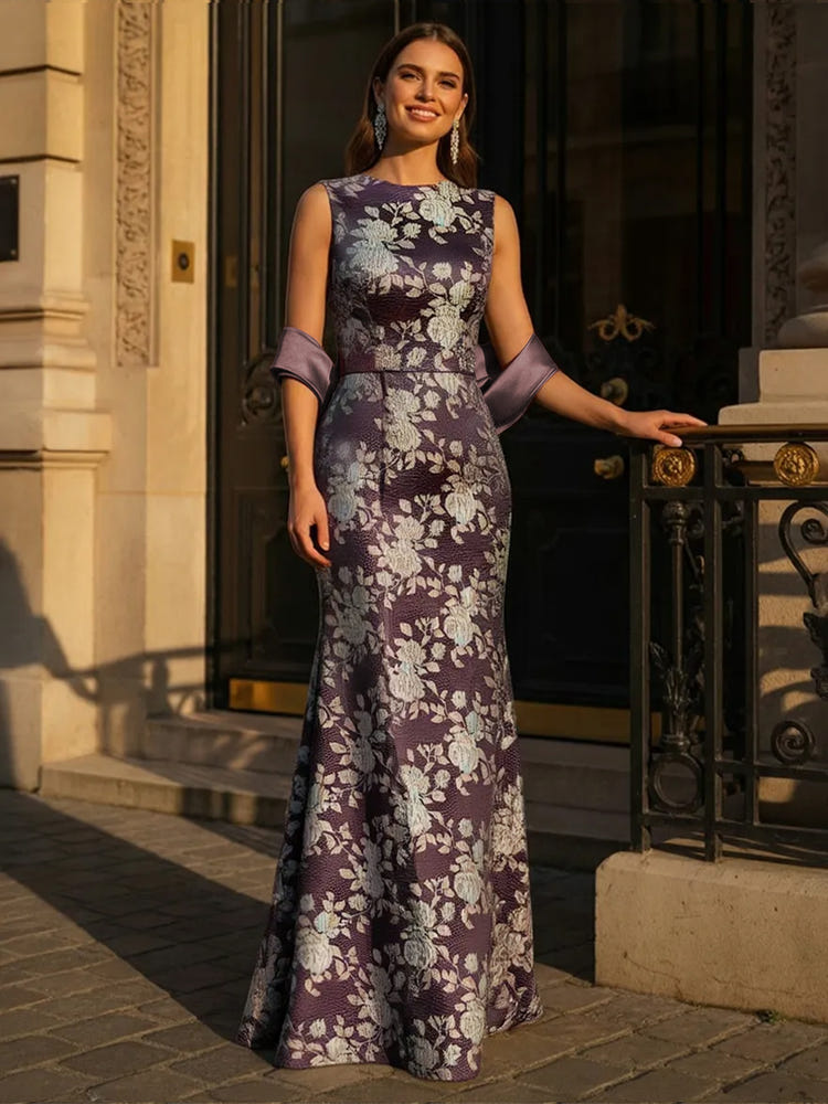 Boat Neck Jacquard Mother of the Bride Dresses with Shawl