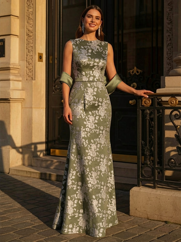 Boat Neck Jacquard Mother of the Bride Dresses with Shawl