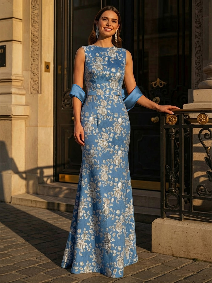 Boat Neck Jacquard Mother of the Bride Dresses with Shawl
