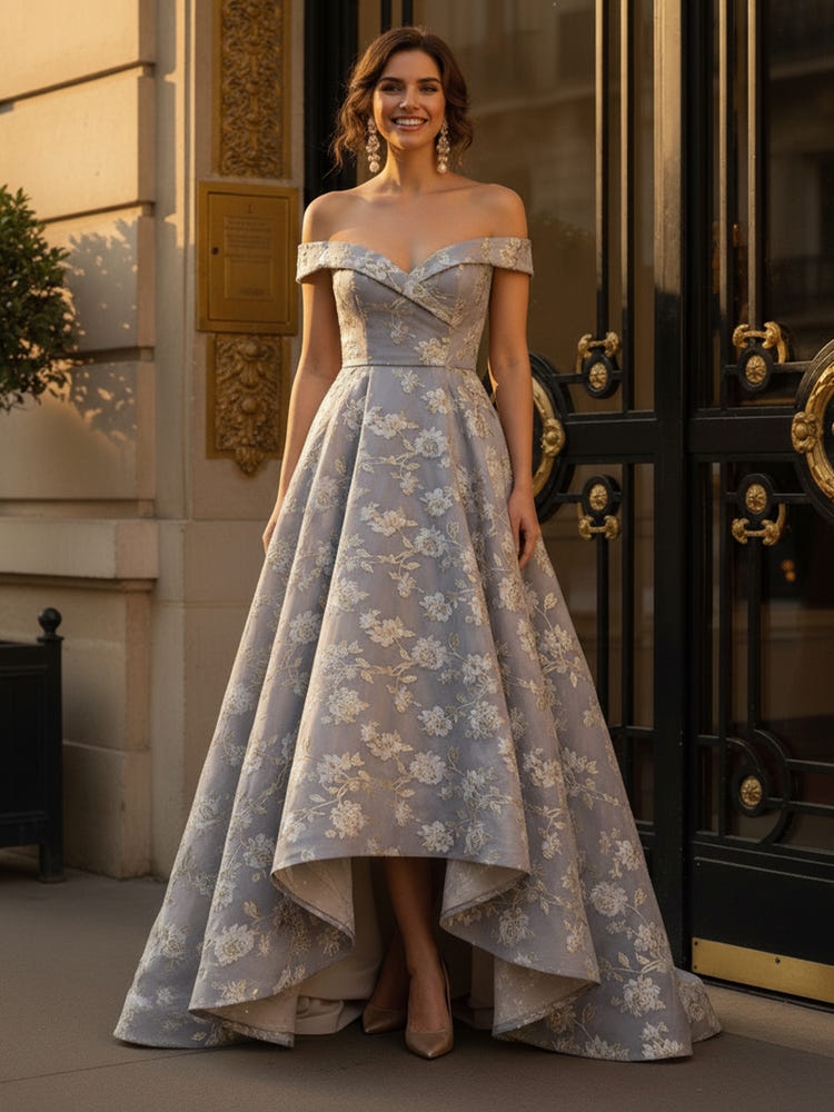 Off the Shoulder High Low Jacquard Mother of the Bride Dresses