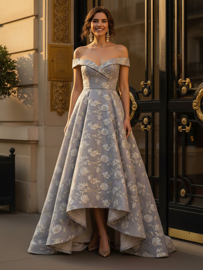 Off the Shoulder High Low Jacquard Mother of the Bride Dresses