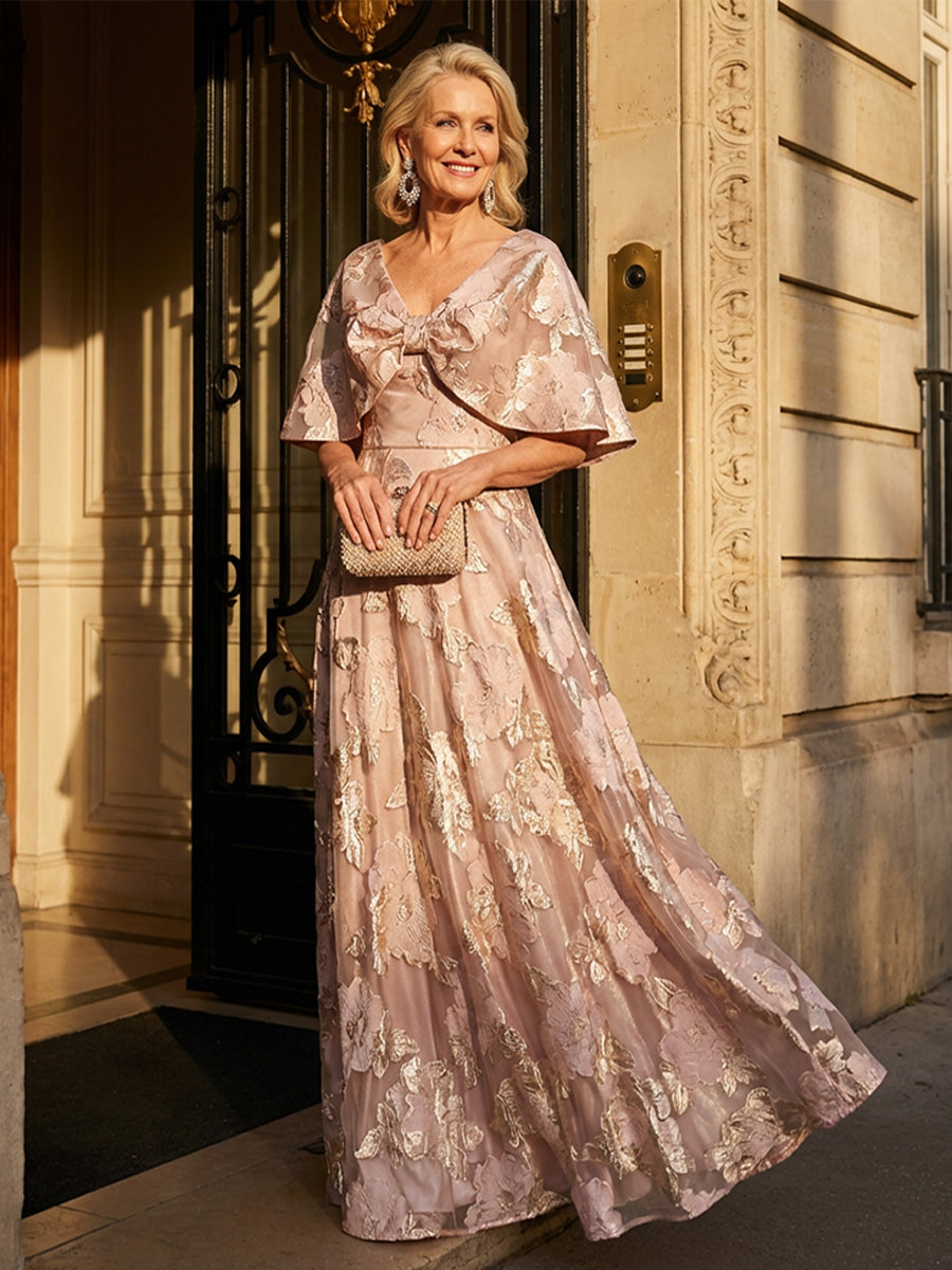 Jacquard A Line V Neck Long Mother of the Brides Dresses