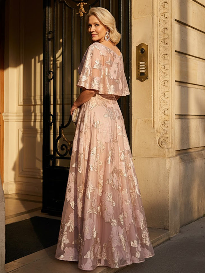 Jacquard A Line V Neck Long Mother of the Brides Dresses