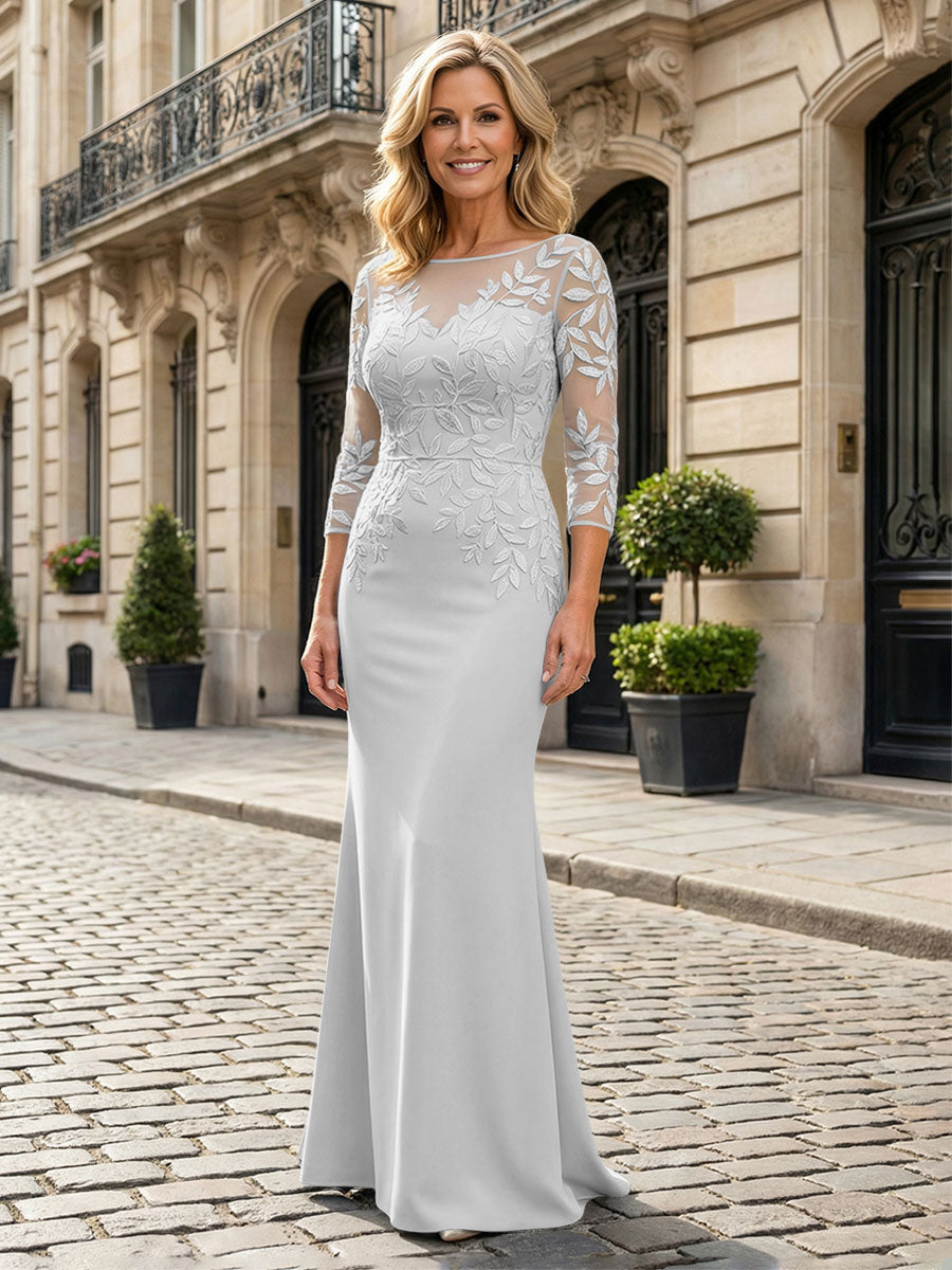 Jersey Mermaid Boat Neck Floral Embroidery Mother of the Bride Dresses   Gracins