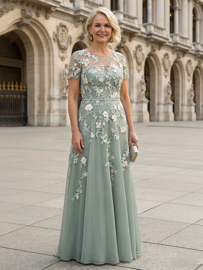 Chiffon A Line Boat Neck  Floral Embroidery Mother of the Bride Dresses