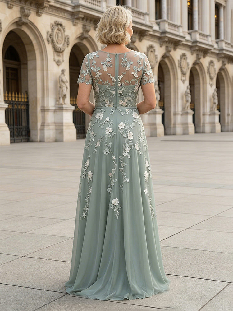 Chiffon A Line Boat Neck Floral Embroidery Mother of the Bride Dresses