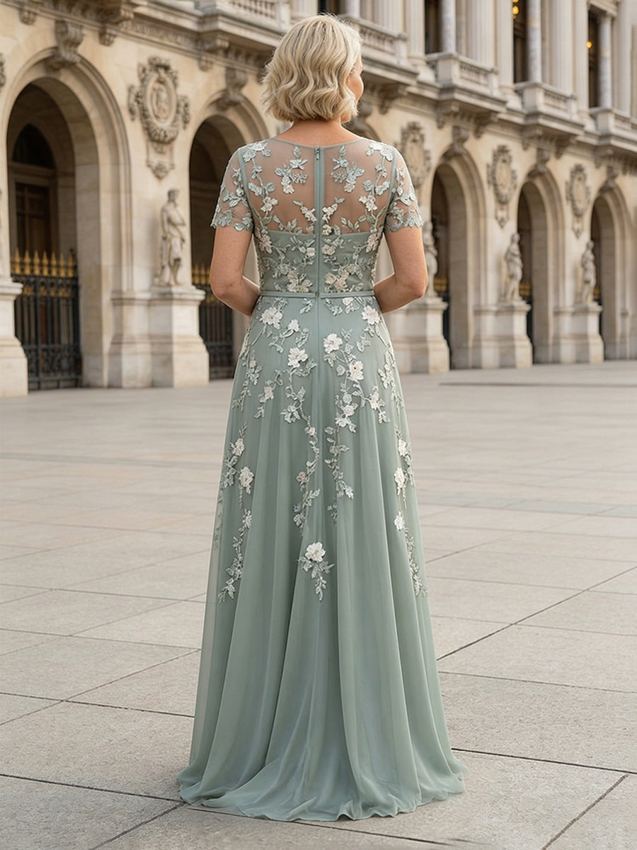 Chiffon A Line Boat Neck Floral Embroidery Mother of the Bride Dresses