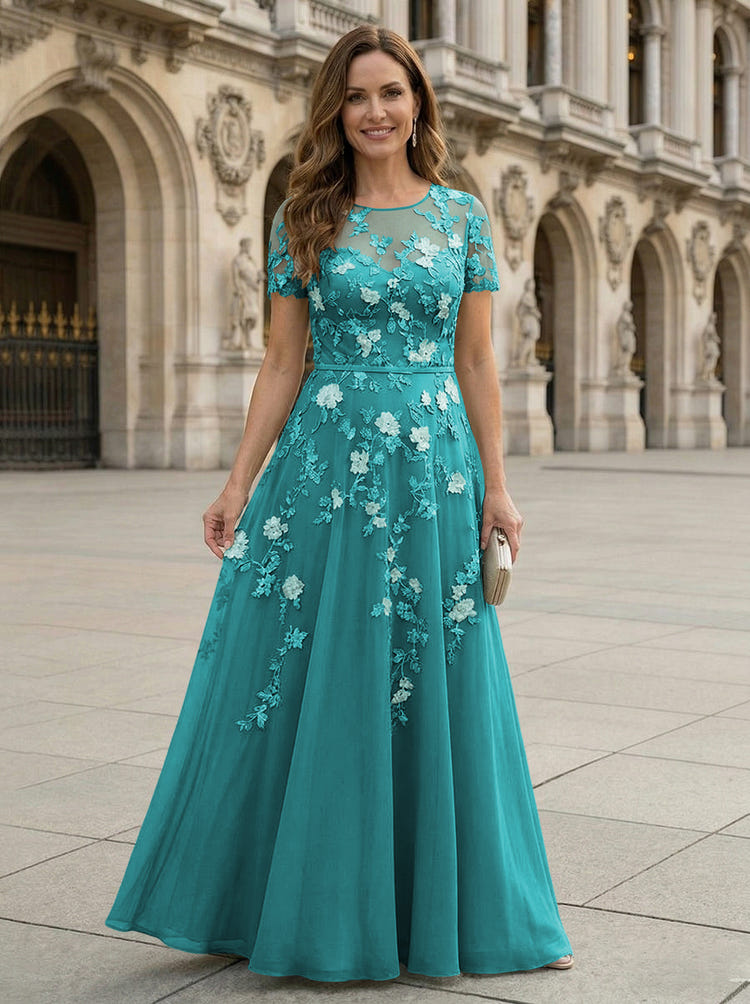 Gracins Auqa Blue Chiffon A Line Boat Neck Floral Embroidery Mother of the Bride Dresses 2026