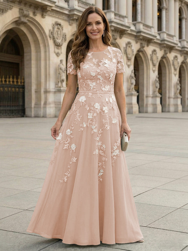 Chiffon A Line Boat Neck Floral Embroidery Mother of the Bride Dresses