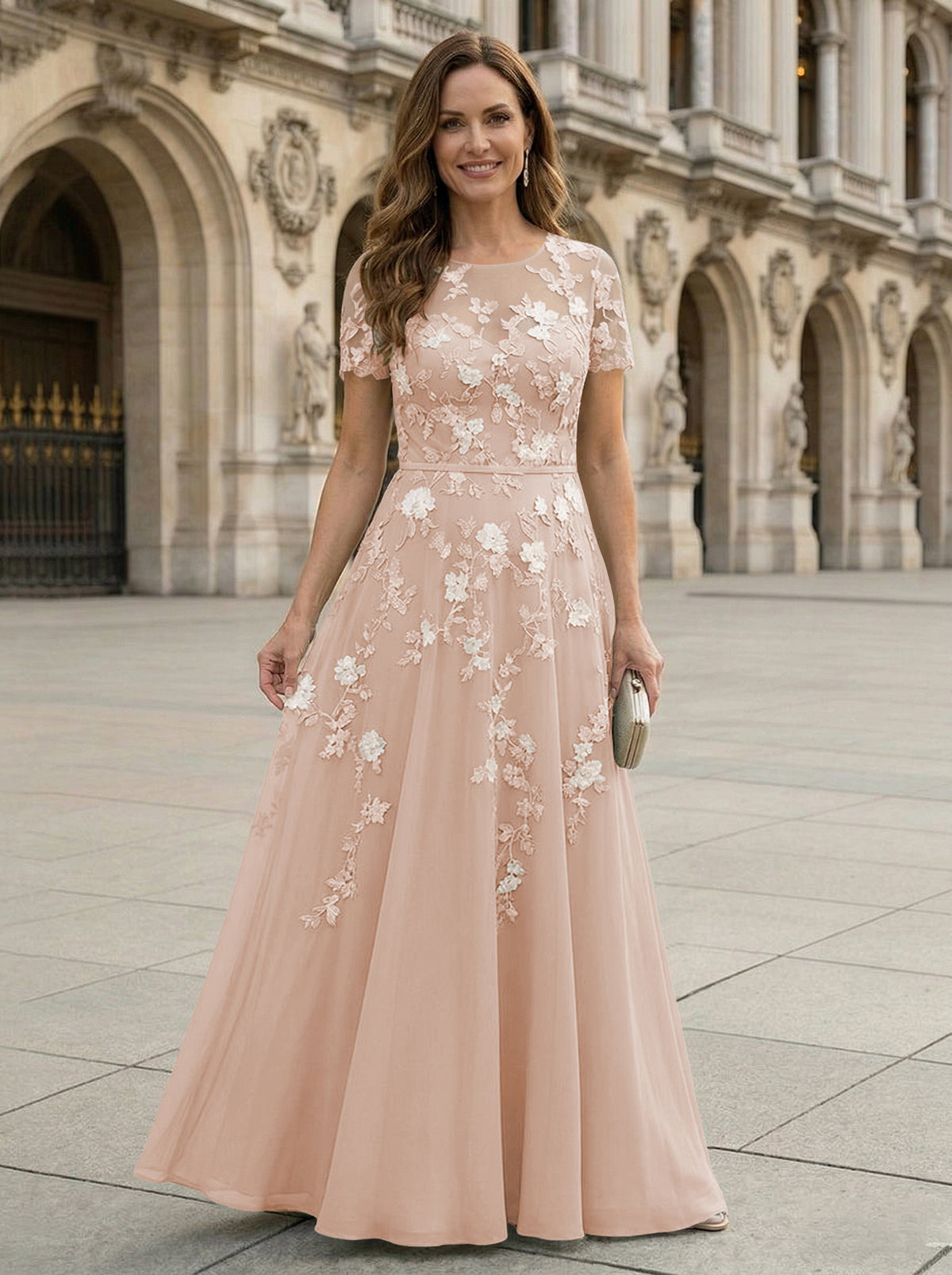 Chiffon A Line Boat Neck Floral Embroidery Mother of the Bride Dresses