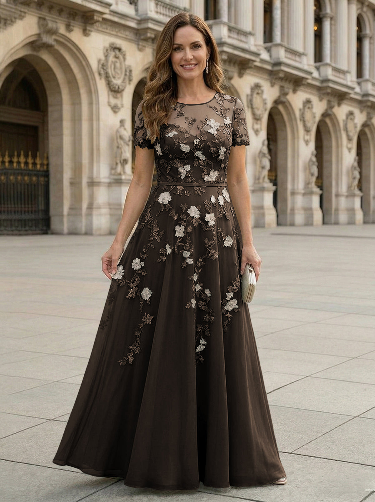 Chiffon A Line Boat Neck Floral Embroidery Mother of the Bride Dresses