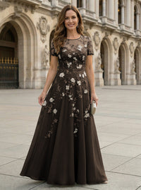 Chiffon A Line Boat Neck Floral Embroidery Mother of the Bride Dresses