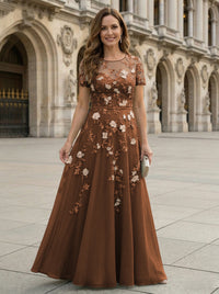 Chiffon A Line Boat Neck Floral Embroidery Mother of the Bride Dresses