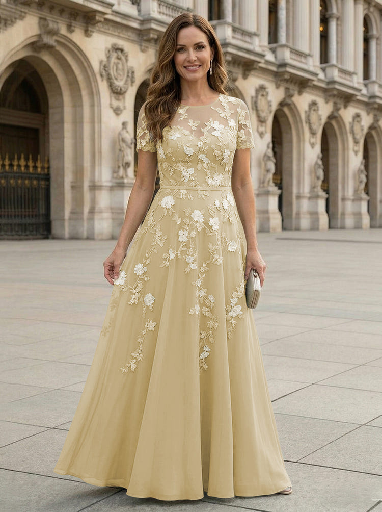 Chiffon A Line Boat Neck Floral Embroidery Mother of the Bride Dresses