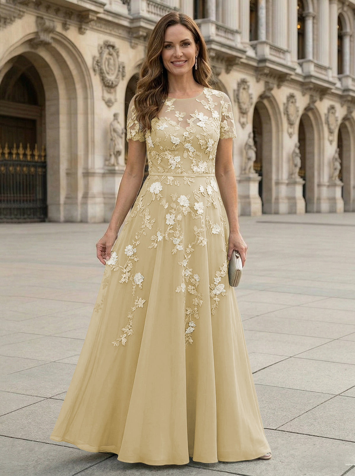 Chiffon A Line Boat Neck Floral Embroidery Mother of the Bride Dresses