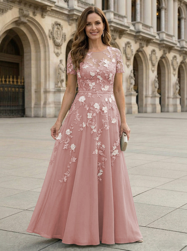 Chiffon A Line Boat Neck Floral Embroidery Mother of the Bride Dresses