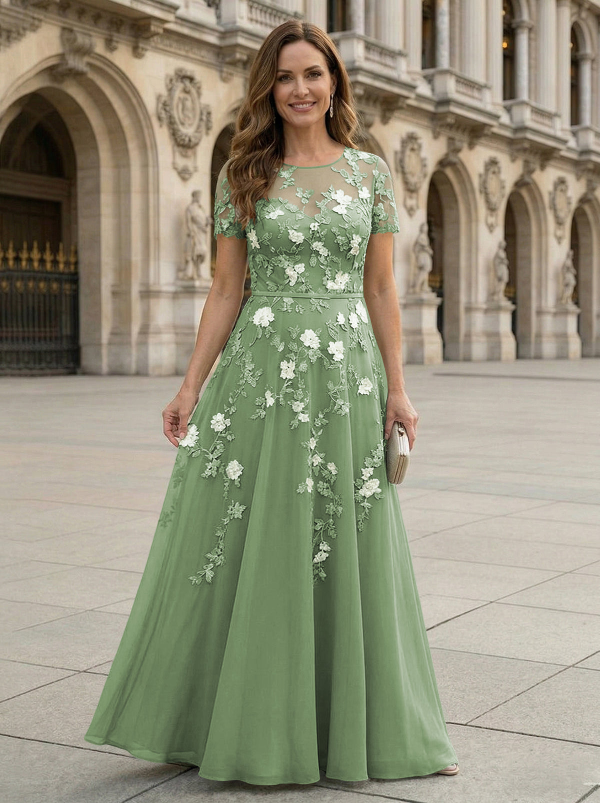 Chiffon A Line Boat Neck Floral Embroidery Mother of the Bride Dresses