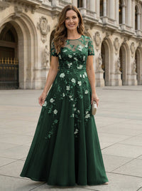 Chiffon A Line Boat Neck Floral Embroidery Mother of the Bride Dresses