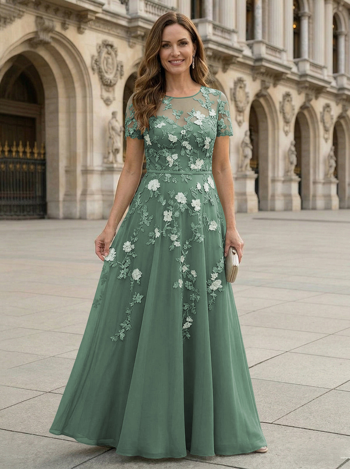 Chiffon A Line Boat Neck Floral Embroidery Mother of the Bride Dresses