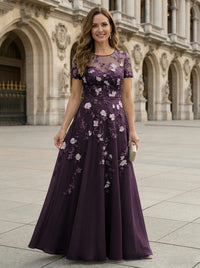 Chiffon A Line Boat Neck Floral Embroidery Mother of the Bride Dresses