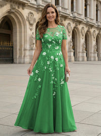Chiffon A Line Boat Neck Floral Embroidery Mother of the Bride Dresses