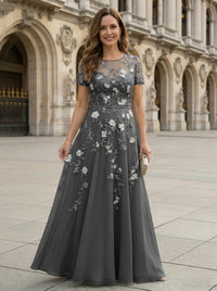 Chiffon A Line Boat Neck Floral Embroidery Mother of the Bride Dresses