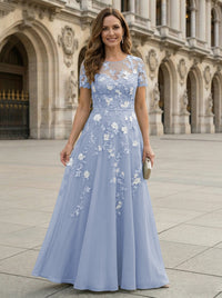 Chiffon A Line Boat Neck Floral Embroidery Mother of the Bride Dresses