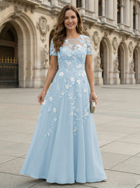 Chiffon A Line Boat Neck Floral Embroidery Mother of the Bride Dresses