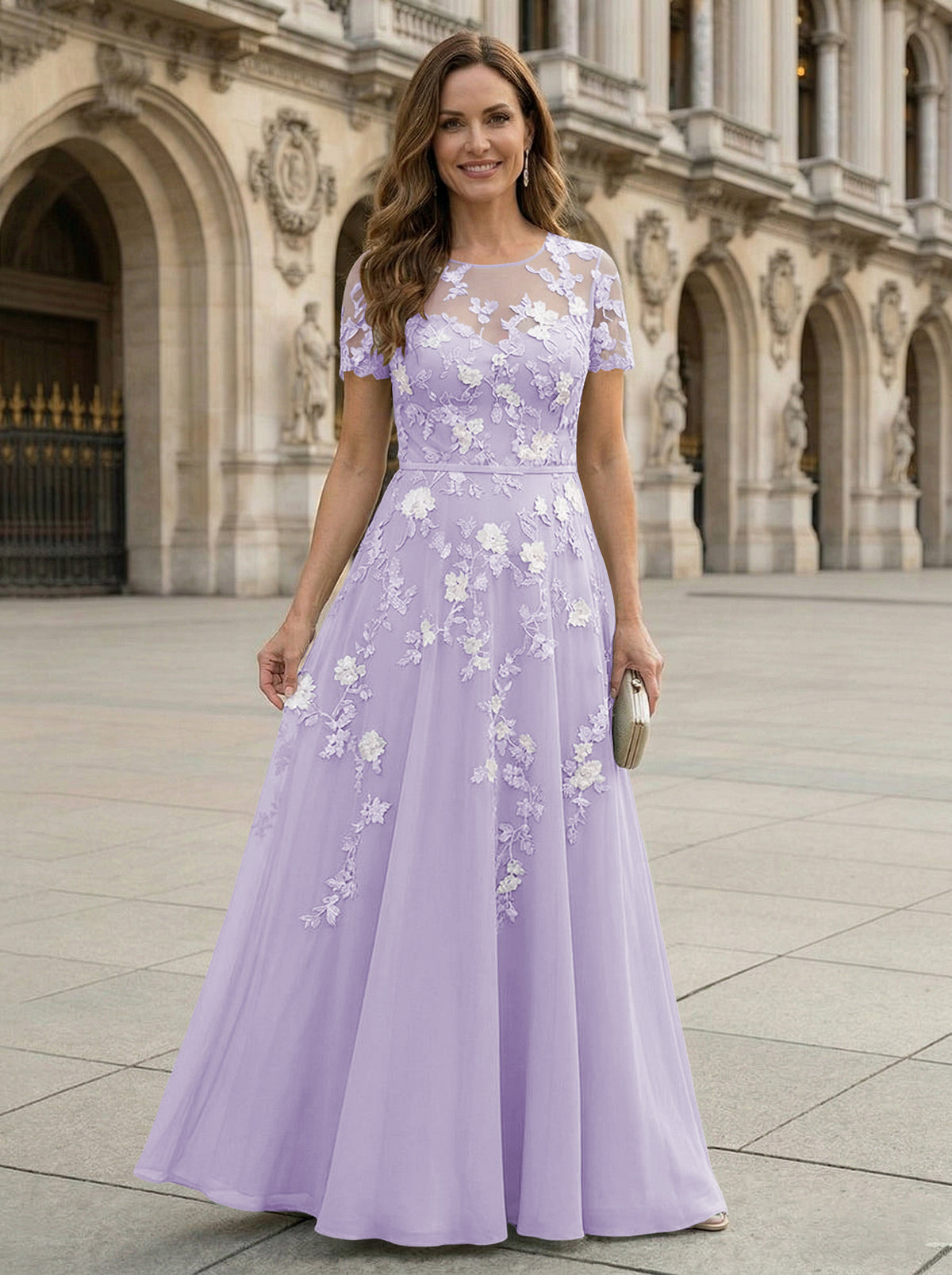 Chiffon A Line Boat Neck Floral Embroidery Mother of the Bride Dresses