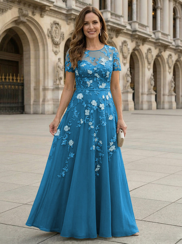 Chiffon A Line Boat Neck Floral Embroidery Mother of the Bride Dresses