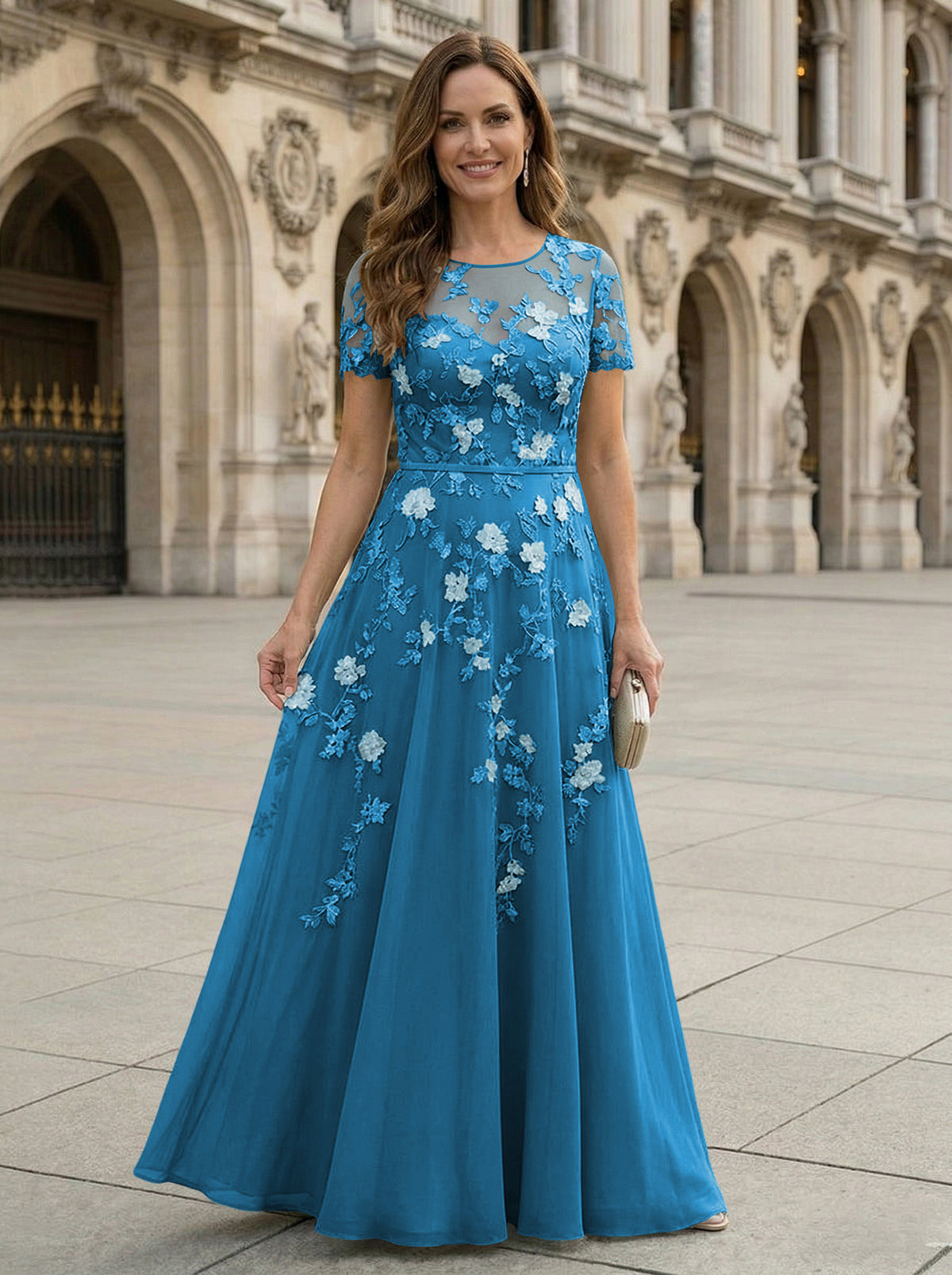 Chiffon A Line Boat Neck Floral Embroidery Mother of the Bride Dresses
